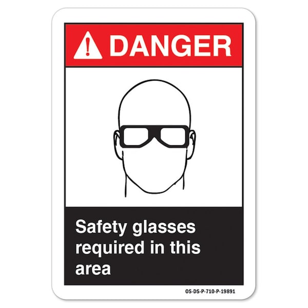ANSI Danger Sign, Safety Glasses Required In This Area, 18in X 12in Decal, 12" H, 18" W, Landscape